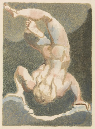 Ein muskulöser, nackter Mann, der scheint, auf seinen Händen zu ruhen, kopfüber auf Felsen und Wolken, Platte 15 aus Das erste Buch von Urizen von William Blake